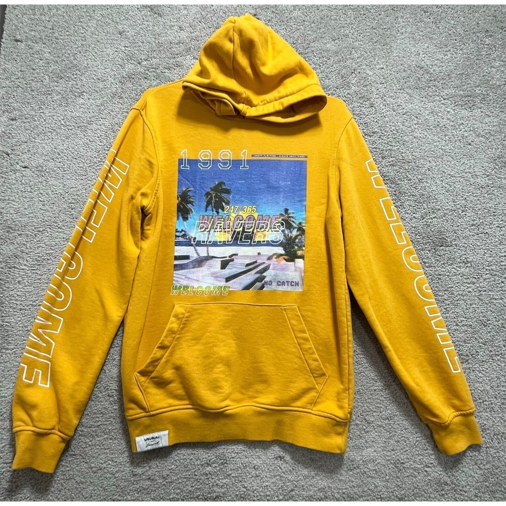 Cropp Hoodie Men's Small Yellow 1991 Ravers Graphic Print Pullover Long‎ Sleeves